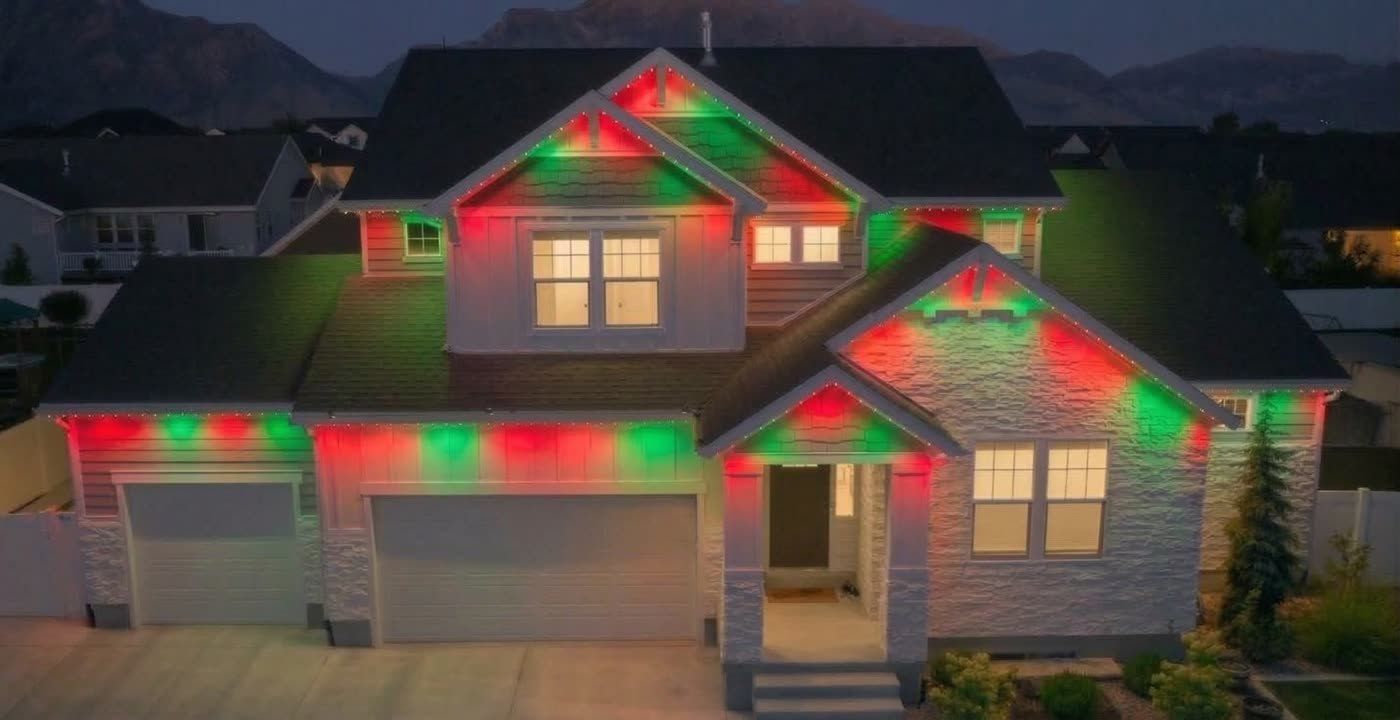 Home with permanent roofline lights set to alternating red and green for Christmas