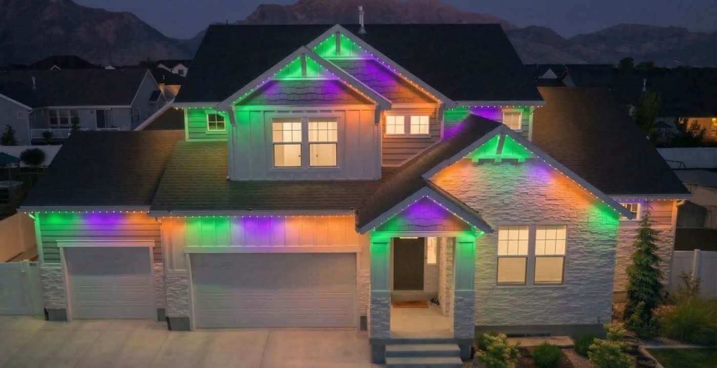 Home with permanent roofline lights glowing orange and purple for Halloween