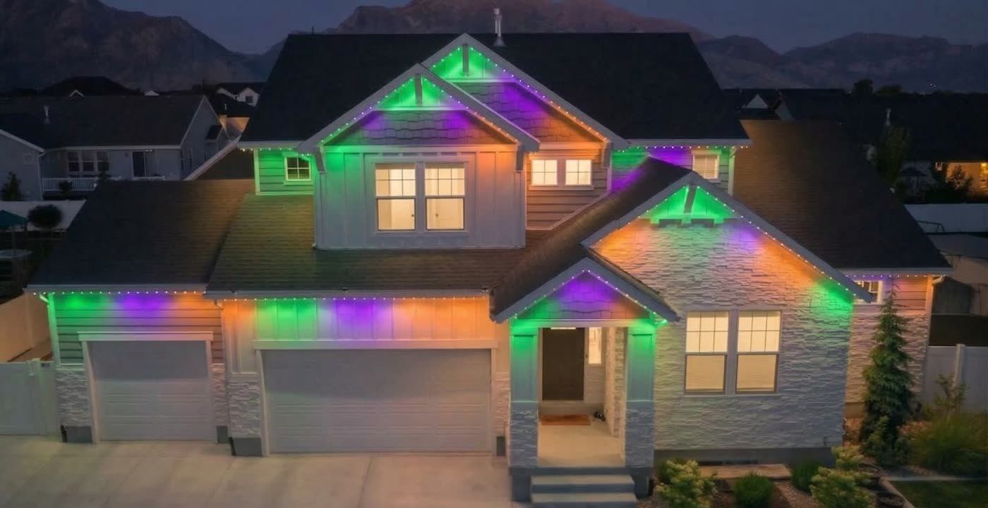 Home lit orange and purple for Halloween by permanent roofline lighting