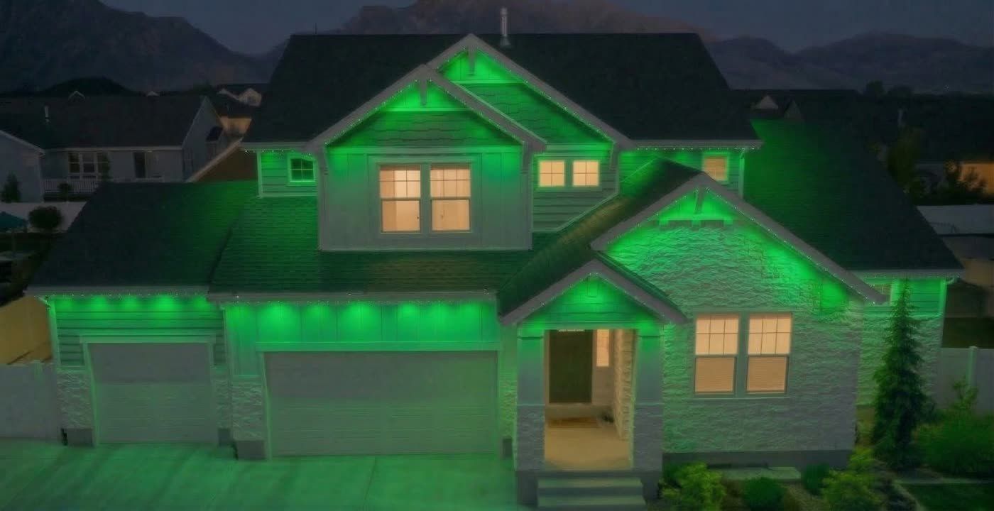 Home with permanent roofline lights in green for St. Patrick's Day