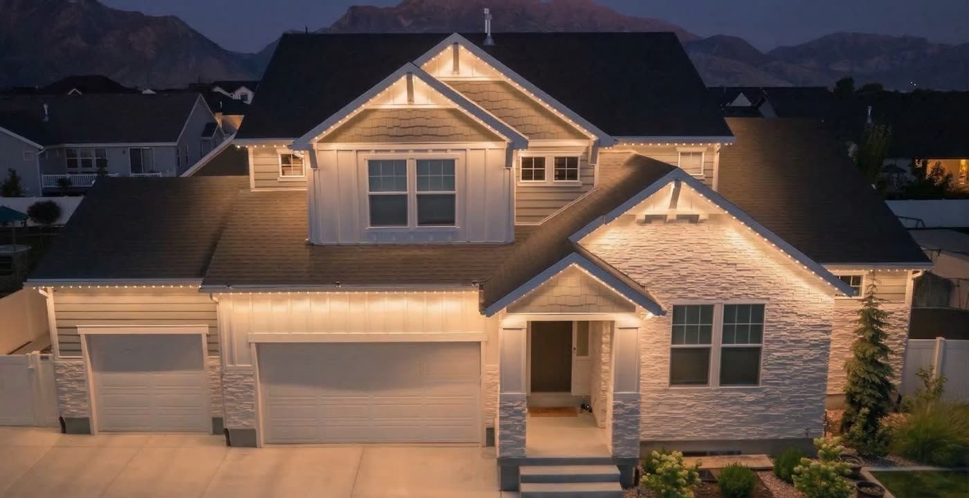 Home with permanent roofline lights in subtle warm white, the setting most HOAs see first
